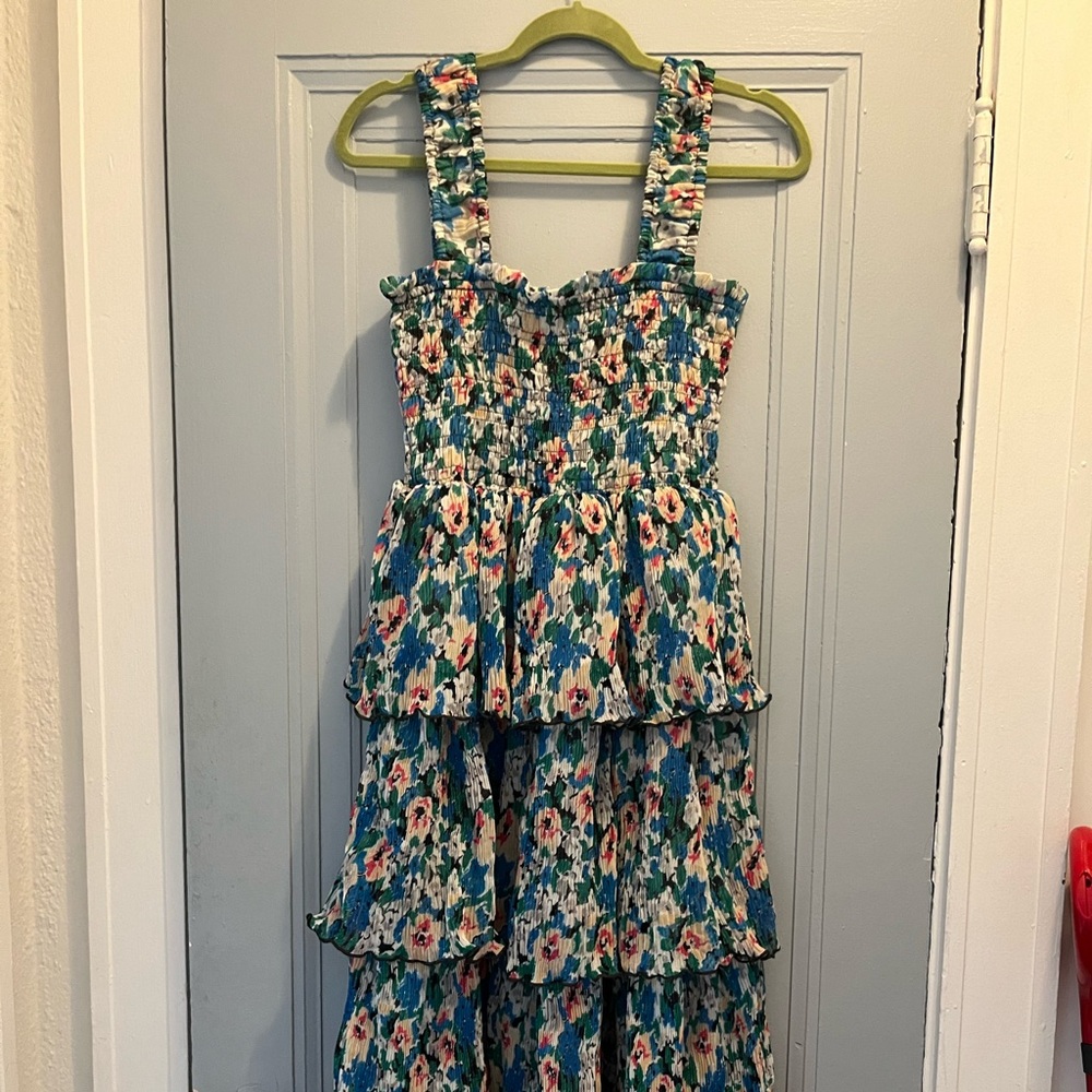 GANNI Pleated Georgette Flounce Smock Midi Dress